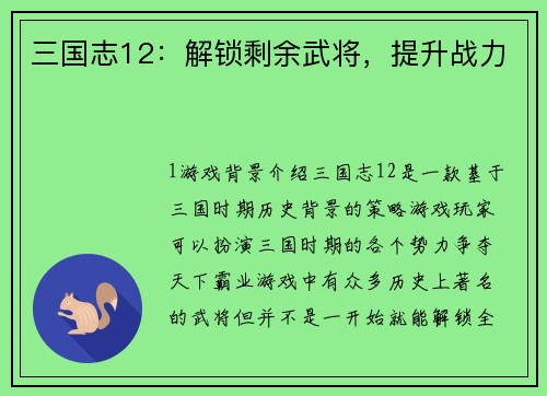 三国志12：解锁剩余武将，提升战力